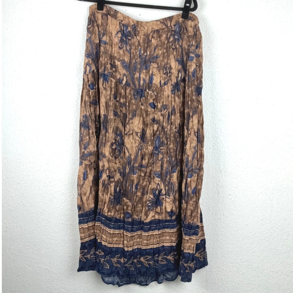 New Frontier Brown Blue Broomstick Skirt - L - Floral Batik Tiered Boho Hippie